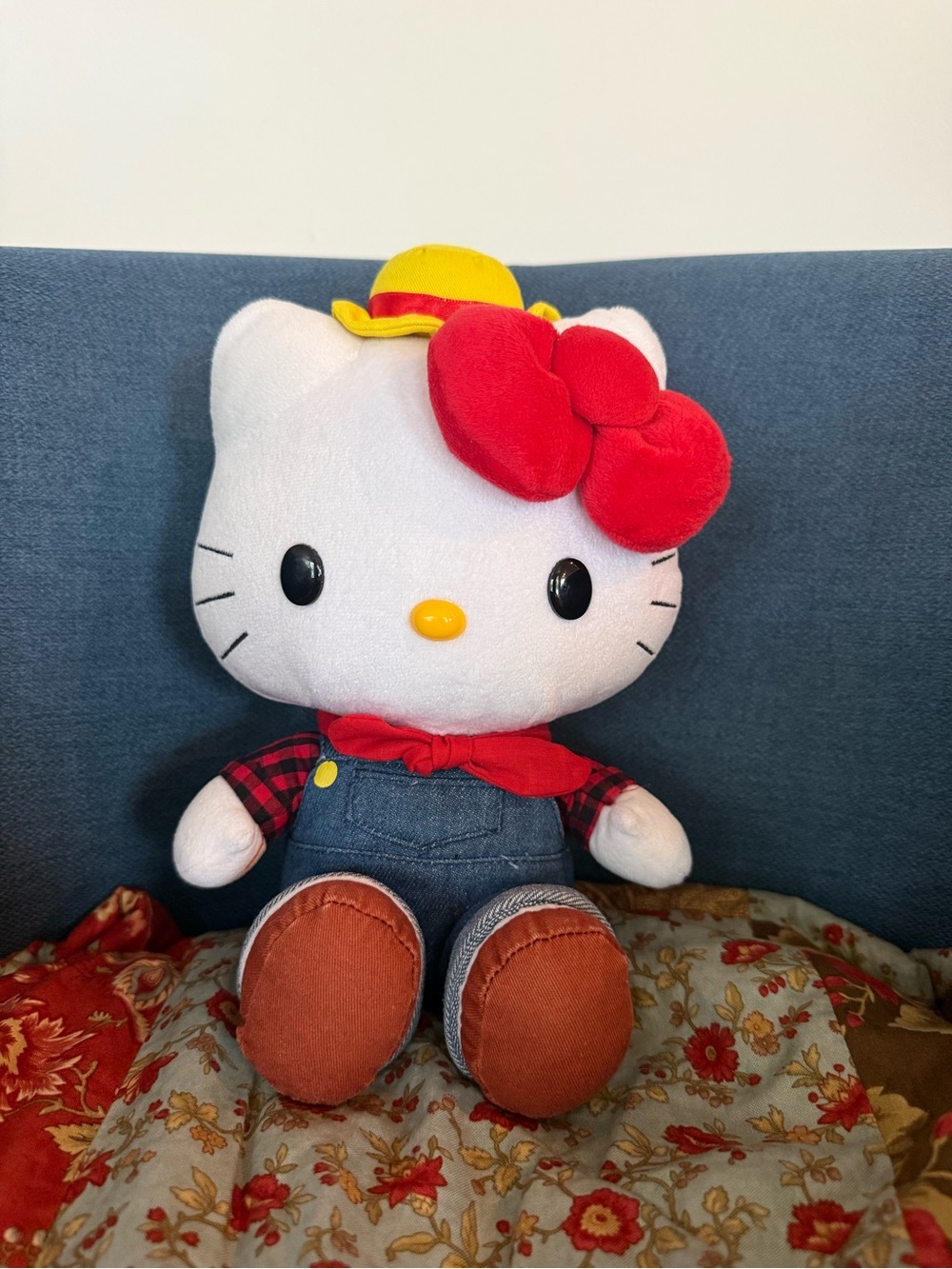 Hello Kitty Plush Farmer yellow hat red bandana gingham plaid shirt overalls